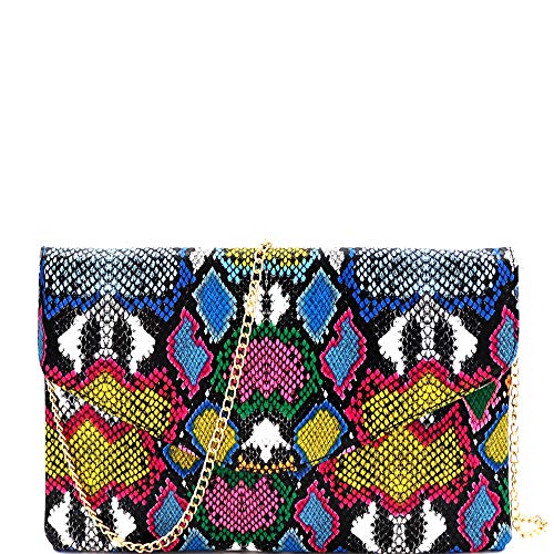 Snake Print Leather Envelope Clutch Purse with Crossbody Chain Strap (Envelope Style – Multi)