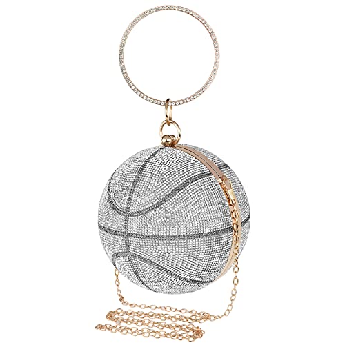 Clutch Purses for Women Evening, Small Basketball Rhinestone Lady Party Wedding Bag, Crossbody Shoulder Ring Handle Handbag (Silver)