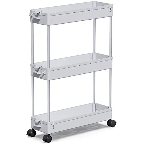 SPACEKEEPER Slim Rolling Storage Cart, Laundry Room Organization, 3 Tier Mobile Shelving Unit Bathroom Organizer Storage Rolling Utility Cart for Kitchen Bathroom Laundry Narrow Places(Gray)