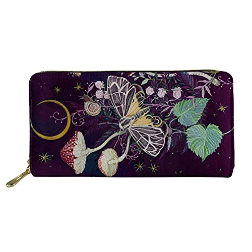 WELLFLYHOM Butterfly Mushroom Clutch Wallet for Women Girls Large Credit Card Holder Coin Pocket Case Organizer Pu Leather Purse with Zipper Small Girly Floral