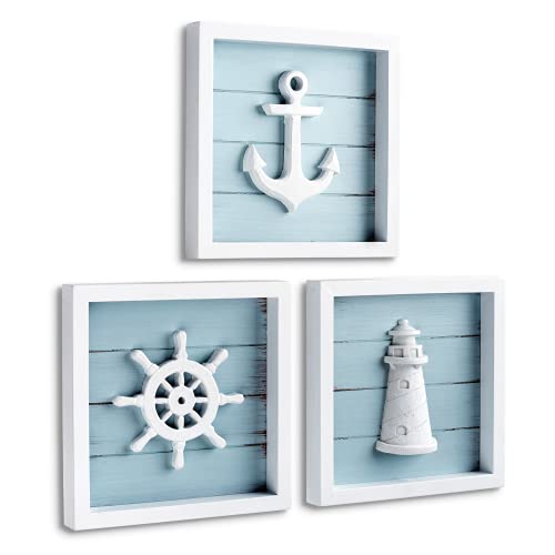 TideAndTales Nautical Wall Decor (7″x7″) with 3-D Anchor, Lighthouse and Ship Wheel – Rustic Beach Bathroom Ocean Home Decorations – Coastal Theme Nautical Gifts – Framed Set of 3