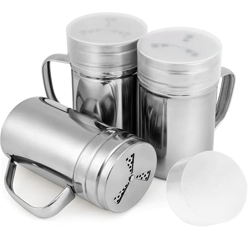 Outgeek 12-Ounce Stainless Steel Dredge: 3PCS Salt Steel Shakers with Handle, Powder Sugar Shaker with Lid, Pepper Flour Spice Cocoa Chocolate Coffee Seasoning Shaker