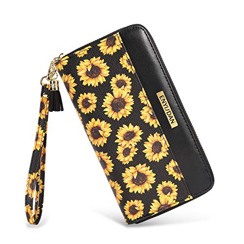 ENYISDAN Wristlet Wallets for Women Sunflower RFID Blocking Leather Zip Cute Long Purse Clutch