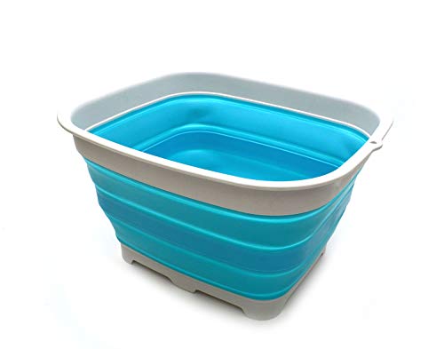 SAMMART 15L (3.9 gallon) Collapsible Dishpan with Draining Plug – Foldable Washing Basin – Portable Dish Washing Tub – Space Saving Kitchen Storage Tray (1, Bright Blue)