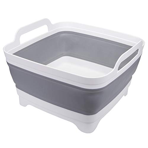 Suwimut Collapsible Wash Basin with Drain Plug Carry Handles, 9L Large Collapsible Sink Tub Portable Dish Tub Foldable Dishpan for Kitchen Sink, Camping Dish Washing Tub, Gray