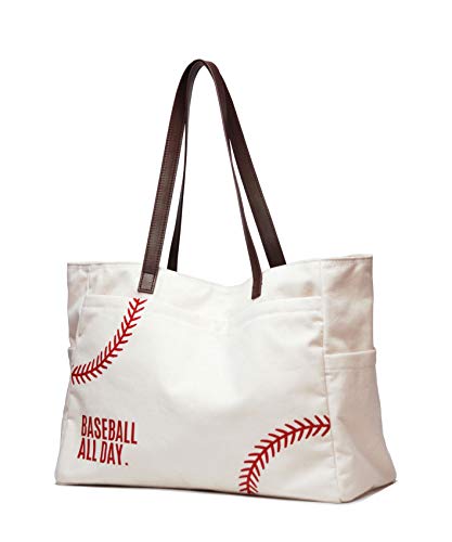 XL Baseball Tote Bags Women Oversized White Canvas Utility Travel Handbag with Pockets Red Embroidery Baseball Prints Shoulder Handbag for Dad Mom Fans Teens Kids Team Gifts (X-Large, White）