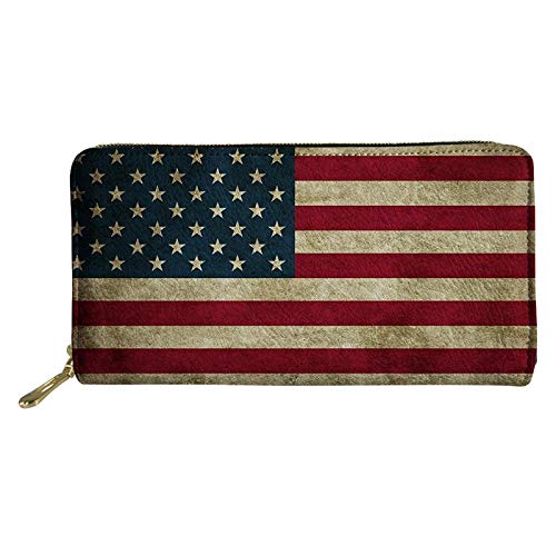 Jiueut Retro American Flag Print PU Leather Zipper Phone Case Wallet for Women