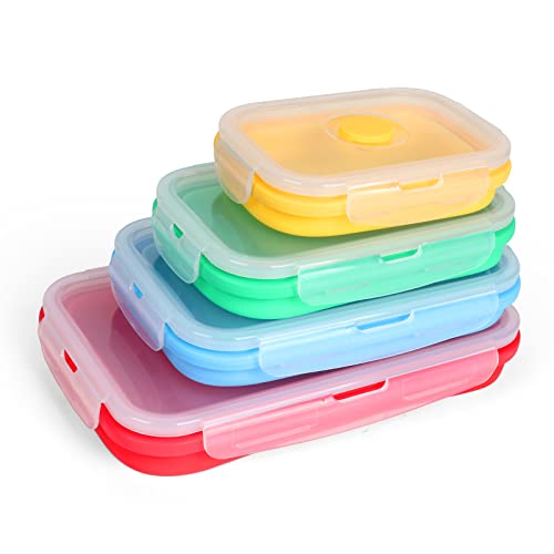 Vech Collapsible Food Storage Container, Set of 4 Silicone Leftover Meal Box for Kitchen, BPA Free Meal Prep Container Bento Lunch Boxes, Microwave Safe. Foldable Thin Bin Design Saves Your Space