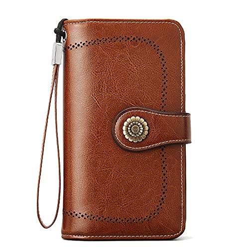 BOSTANTEN Womens Wallet Genuine Leather Large Capacity Wristlet Clutch Purse Credit Card Holder with RFID Blocking Brown
