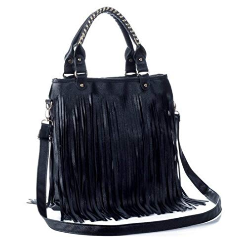 Downupdown Women Tassel Fringe Shoulder bag Big Tote Messenger Handbag Hobo Cross Body Bag (Black)