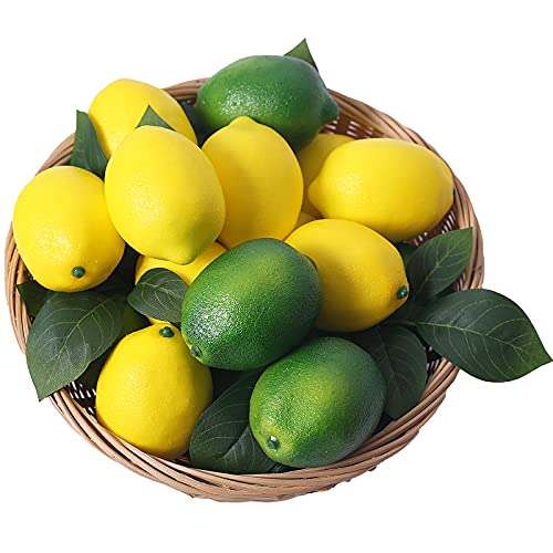 VEOAY Fake Fruit Artificial Lemons, 3.1”×2.2” Faux Lemon Fake Limes with Leaves, Lifelike Fake Lemon Decor for Kitchen Table Cabinet Party, Plastic Fruits Photography Prop 36PCS