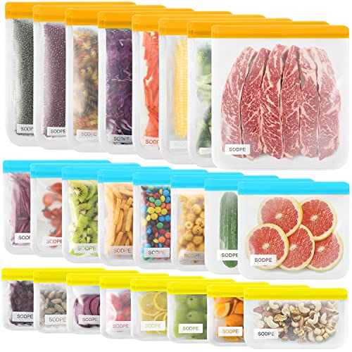 24 reusable storage bags, SODPE reusable sandwich bags, 8 extra large lunch bags, 8 large sandwich bags and 8 snack bags, sealed bags, environmental protection and leak proof freezing bags,