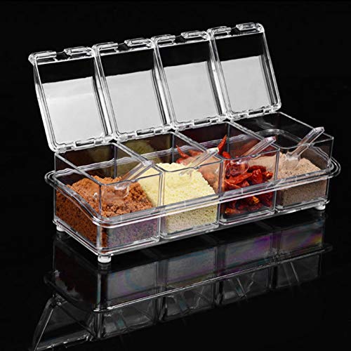 Seasoning Pot Transparent Four Grids Seasoning Box with Spoon for Home Kitchen Pepper Salt Store
