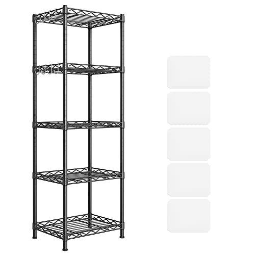 SONGMICS Kitchen Shelf, Metal Shelves, 5-Tier Wire Shelving Unit with 8 Hooks, Narrow Storage Rack with PP Shelf Liners, Height-Adjustable, for Bathroom, Pantry, Black ULGR115B01