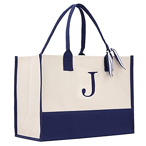 VANESSA ROSELLA Monogram Tote Bag with 100% Cotton Canvas and a Chic Personalized Monogram (Navy Block Letter – J)