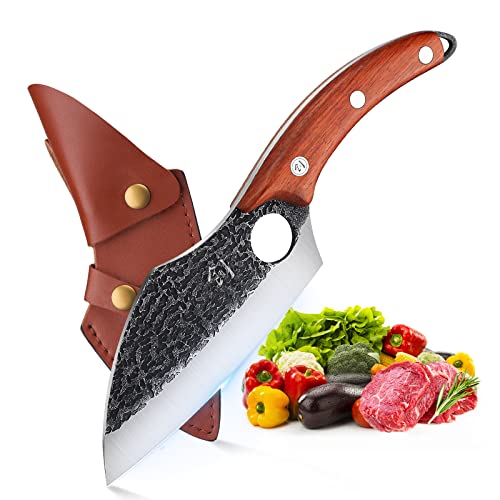 DRAGON RIOT Forged Boning Knife with Leather Sheath Huusk Japan Chef Knife Carbon Steel Meat Butcher Chef Knife Outdoor BBQ Knives for Kitchen Camping with Gift Box