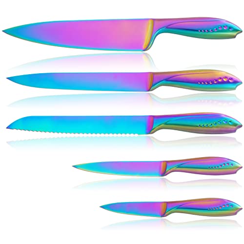WELLSTAR Kitchen Knife Set 5 Piece, Razor Sharp German Stainless Steel Blade and Comfortable Handle with Rainbow Titanium Coated, Chef Carving Bread Utility Paring for Cutting and Peeling, Gift Box