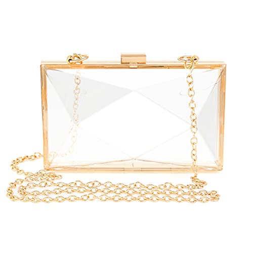 WJCD Women Clear Purse Acrylic Clear Clutch Bag, Shoulder Handbag With Removable Gold Chain Strap (Gold)
