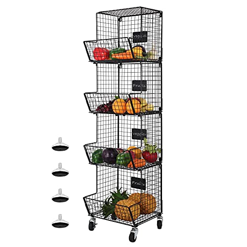 ETELI 4 Tier Metal Wire Basket for Wall Fruit and Vegetable Baskets Storage Produce Rack with Wheel and Chalkboards Wall Mounted Stackable Organizer Stand for Kitchen Bathroom, Black