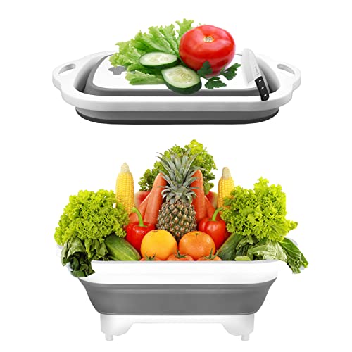 SEMSOIIO 1PCS Collapsible Cutting Board,Collapsible Sink/Foldable Dish,Foldable Dishes Space Saving – Multifunctional Kitchen Vegetable Washing Basket Silicone Dish Tub for BBQ/Camping (Grey)