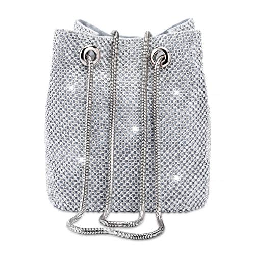 Women Rhinestones Crystal Clutch Mini Evening Bags Bucket Bag Party Prom Wedding Small Shoulder Cross-body Purses (Silver,Mini)