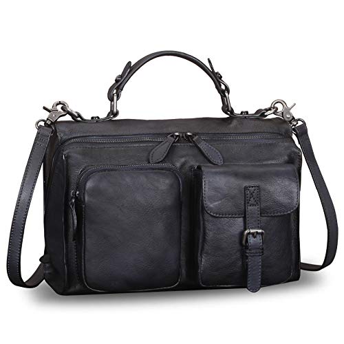 Genuine Leather Messenger Bags Satchel for Women Handmade Vintage Top Handle Crossbody Handbag Purse (Black)