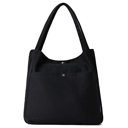 Women Canvas Shoulder Tote Bags Lightweight Hobo Handbags for Work School Top Handle Purse (Black)
