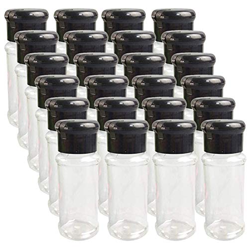 Set of 24 Pcs Plastic Spice Bottles with Sifter Lid 2 Oz. Clear Reusable Containers Jars for Home Kitchen Herbs Seasonings Confectionary Toppings (Black)