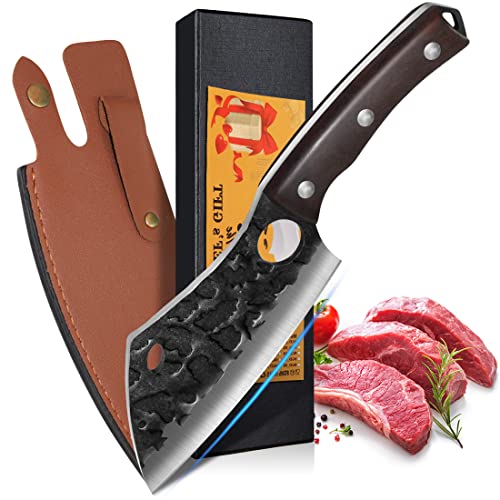 Viking Knife Hand Forged Boning Knife with Leather Sheath,6” Professional Fillet Knife, High Carbon Meat Vegetable Cleaver, Full Tang Kitchen Chef Knives for Home, Outdoor Camping, BBQ