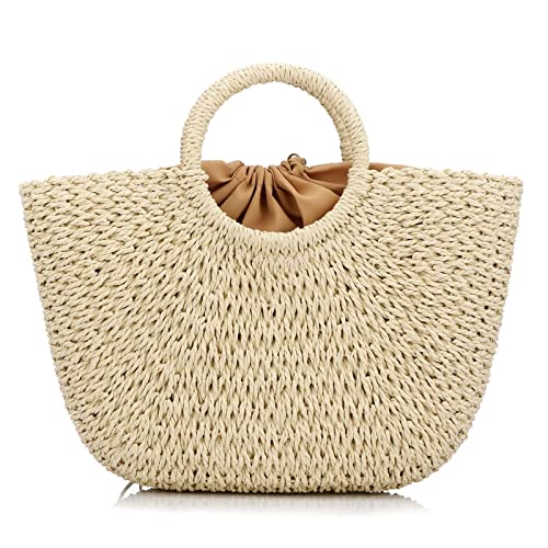 Summer Rattan Bag for Women Straw Hand-woven Top-handle Handbag Beach Sea Straw Rattan Tote Clutch Bags (Beige)