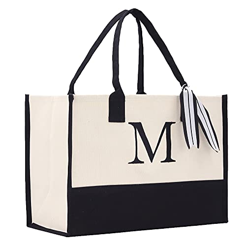 VANESSA ROSELLA Monogram Tote Bag with 100% Cotton Canvas and a Chic Personalized Monogram (Black Block Letter – M)