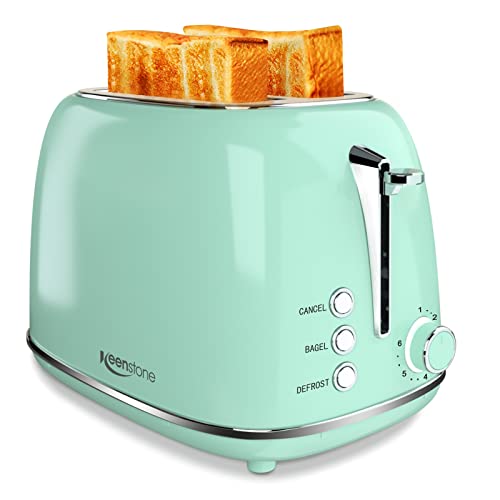 Toaster 2 Slice Stainless Steel Toaster Retro with 6 Bread Shade Settings, Bagel, Cancel, Defrost Function, 2 Slice Toaster with Extra Wide Slot, Removable Crumb Tray, Green