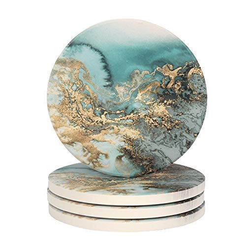 Lahome Marble Pattern Coasters – Round Drinks Absorbent Stone Coaster Set with Ceramic Stone and Cork Base for Kinds of Mugs and Cups (Blue, Set of 4)