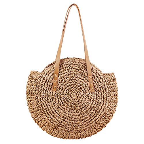 Round Straw Bag Large Woven Summer Beach Tote Handbags Handle Shoulder Bag for Women Vacation, Khaki