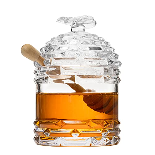 Crystal Bee Honey Dish Jar, Gift 6″ – Glass Honey Pot with Dipper and Lid Cover for Home Kitchen Honey and Syrup, Gorgeous Bee Decor Beehive Honey Pot, Great for Jam, Honey, Jelly 14oz