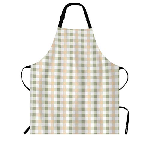 Beabes Light Orange Green Checked Plaid Tartan Kitchen Apron Vertical Horizontal Crossed Stripes Durable Cooking Bib Apron for Chef Restaurant Home Cleaning Serving Painting 27″ X 31″