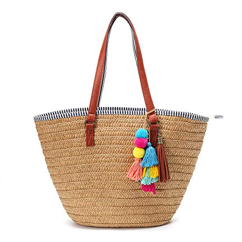 Solyinne Straw Beach Bag Large Woven Straw Bag Handbag Women’s Woven Tote Bag Summer Beach Tote with Tassel for Travel