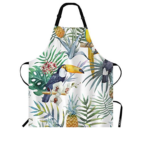 Beabes Toucan Palm Tree Pineapple Kitchen Apron Tropical Parrot On Branch Leaves Nature Durable Cooking Bib Apron for Chef Restaurant Home Cleaning Serving Painting 27″ X 31″