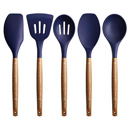 Miusco Non-Stick Silicone Kitchen Utensils Set with Natural Acacia Hard Wood Handle, 5 Piece, Midnight Blue, BPA Free, Baking & Serving Silicone Cooking Utensils