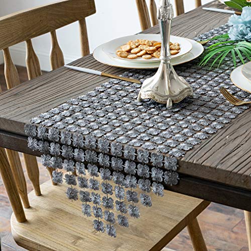 Valea Home Table Runners 12 x 72 Inch Glitter Clover Table Runner for Kitchen Wedding Bridal Shower Decorations, Silver Grey