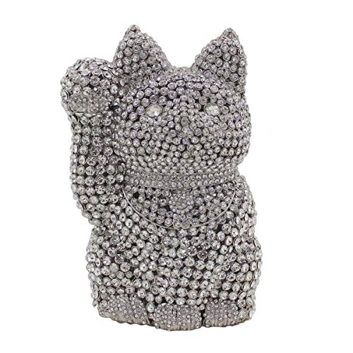 Women Clutch-Purse Rhinestone Wedding Evening-Bag Chain Luxury Handbag Silver Lucky Cat