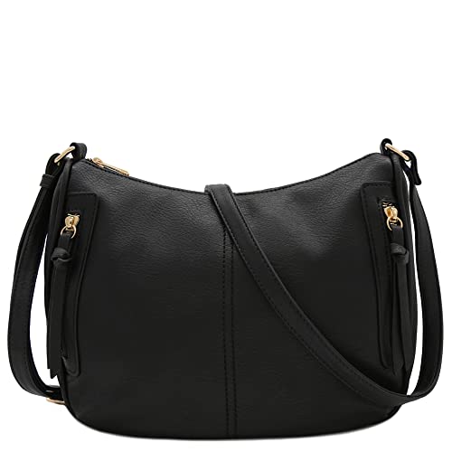 Faux Leather Two Front Zipper Pocket Crossbody Saddle Bag (Black) One Size