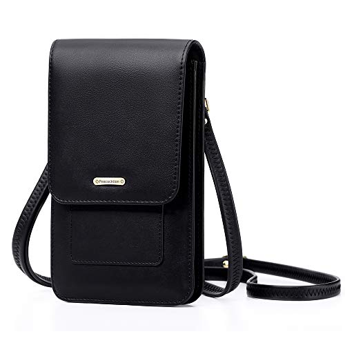 Peacocktion Small Crossbody Cell Phone Bag for Women, Leather Shoulder Bag Card Holder Phone Wallet Purse (Black)