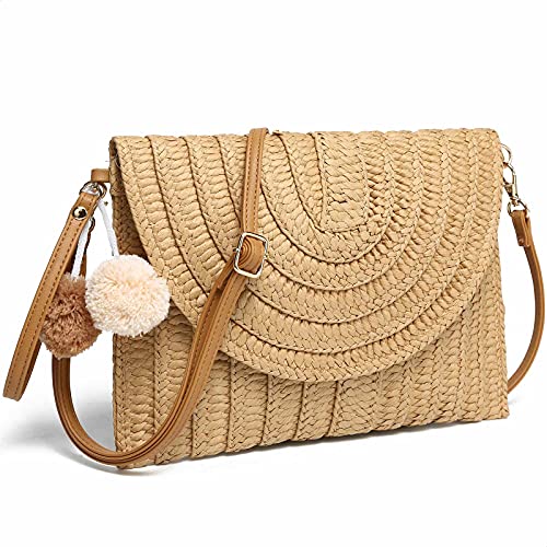 YIKOEE Straw Purse for Women Summer Beach Woven Bag With PomPom