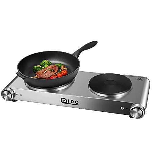 DIDO 1800W Hot Plate, Portable Electric Stove Countertop Cast-Iron Double Burner with Adjustable Temperature& Anti-Slip Feet, Stainless Steel Cooktop for Home/Camp/RV, Compatible for All Cookwares
