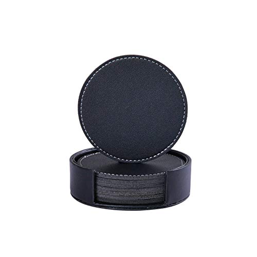 Coasters for Drinks, WAYIFON 8 PCS Premium PU Leather Coaster with Holder, 3.8 in Waterproof, Heat Resistant Drink Coaster-Protect Table from Stains, Water Rings and Damage, Housewarming Gift-Black