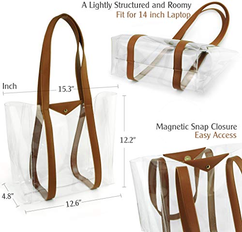 Clear Tote with Vegan Leather Pouch Women Weekender PVC Handbag Shopper Work Bag (Brown) | The Storepaperoomates Retail Market - Fast Affordable Shopping