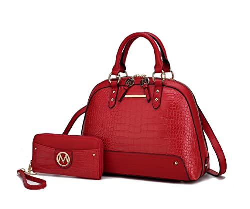 MKF Set Crossbody Satchel Bag for Women & Wristlet Wallet Purse – PU Leather Top Handle Tote – Shoulder Handbag Red