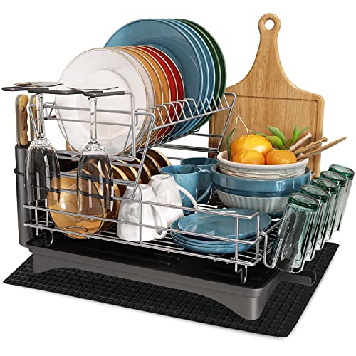 MICOCAH Large Dish Rack and Drainboard Set Stainless Steel 2 Tier Dish Drying Rack with Wine Glass Holder,Utensil Holder,Cutting Board Holder and Dryer Mat, Dish Drainers for Kitchen Counter(Grey)