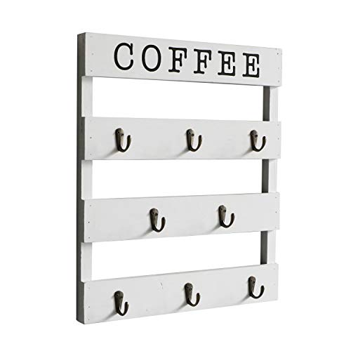 EMAISON Coffee Mug Holder 17 x 13 inches Rustic Wall Mounted Cup Organizer, Wood Hanging Rack, 8 Hooks Kitchen Storage for Home, White